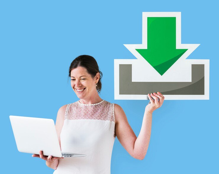 woman holding download icon laptop